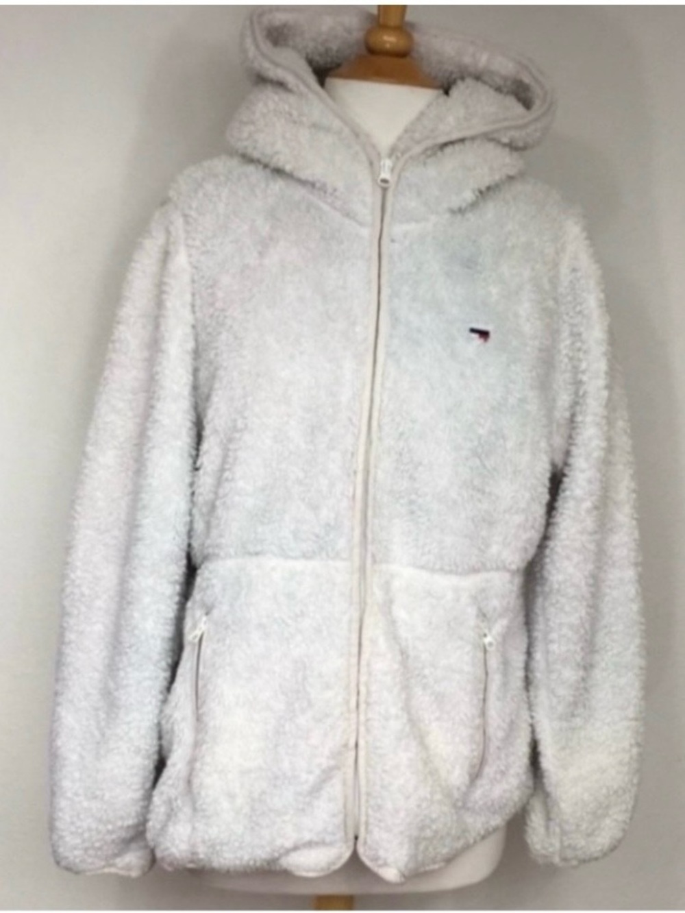 Tommy Hilfiger Womens Cream Faux Fur Sherpa Hooded Zip Jacket XL Cozy Casual